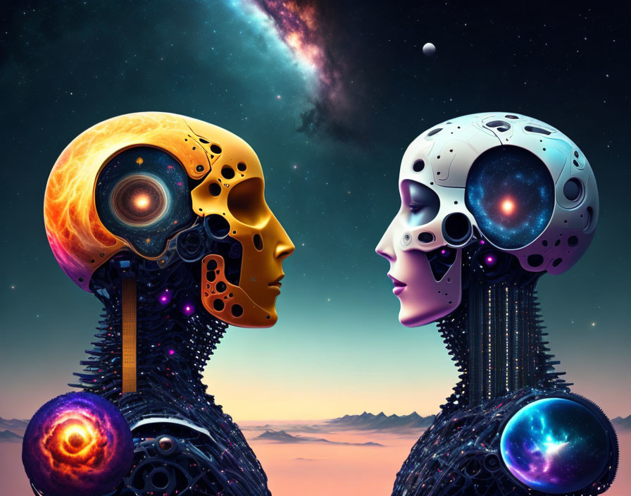 Stylized robotic heads in profile against cosmic backdrop