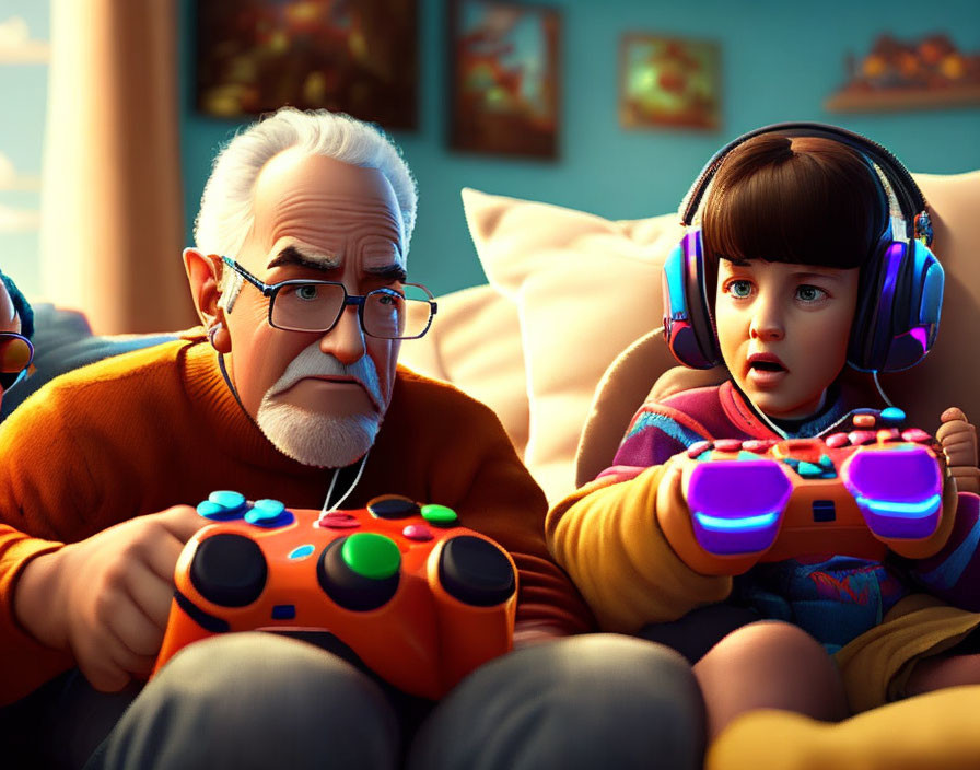 Elderly man and child playing video game with colorful controllers in cozy room