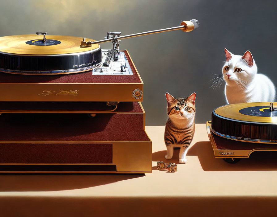 Two cats with gold and maroon turntable and spinning record