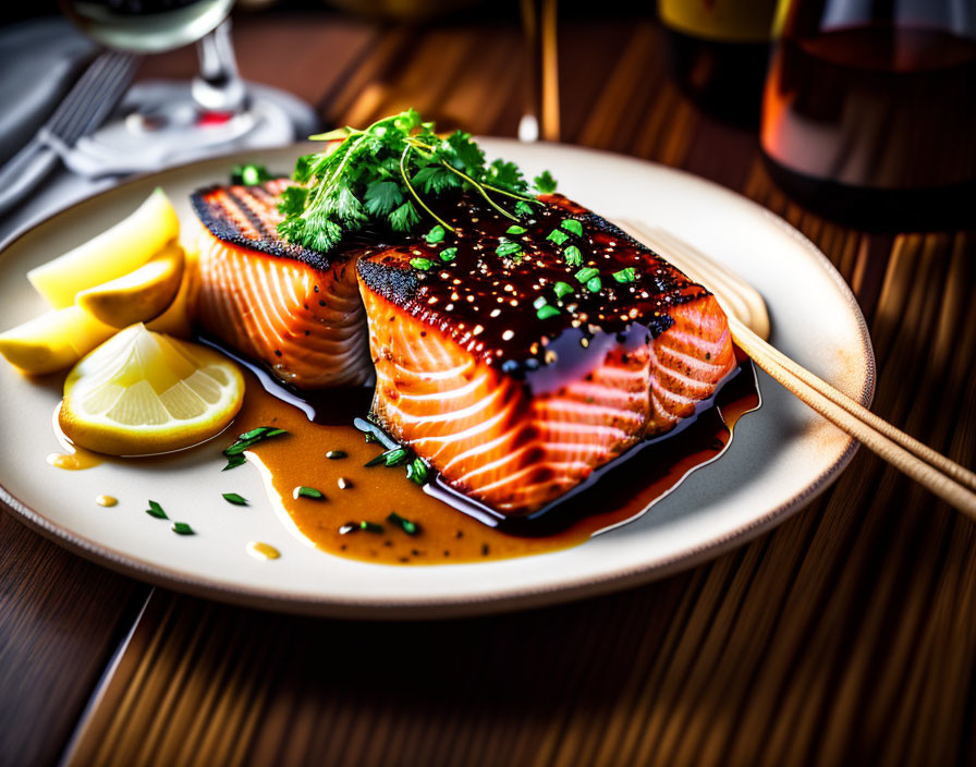 Freshly Grilled Salmon Fillet with Sesame Seeds, Herbs, and Lemon on Plate