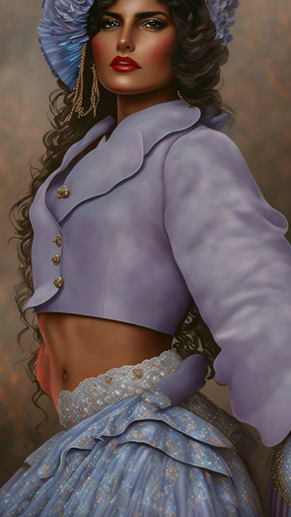 Digital painting of woman with voluminous curly hair, striking makeup, purple jacket, and blue ruffled