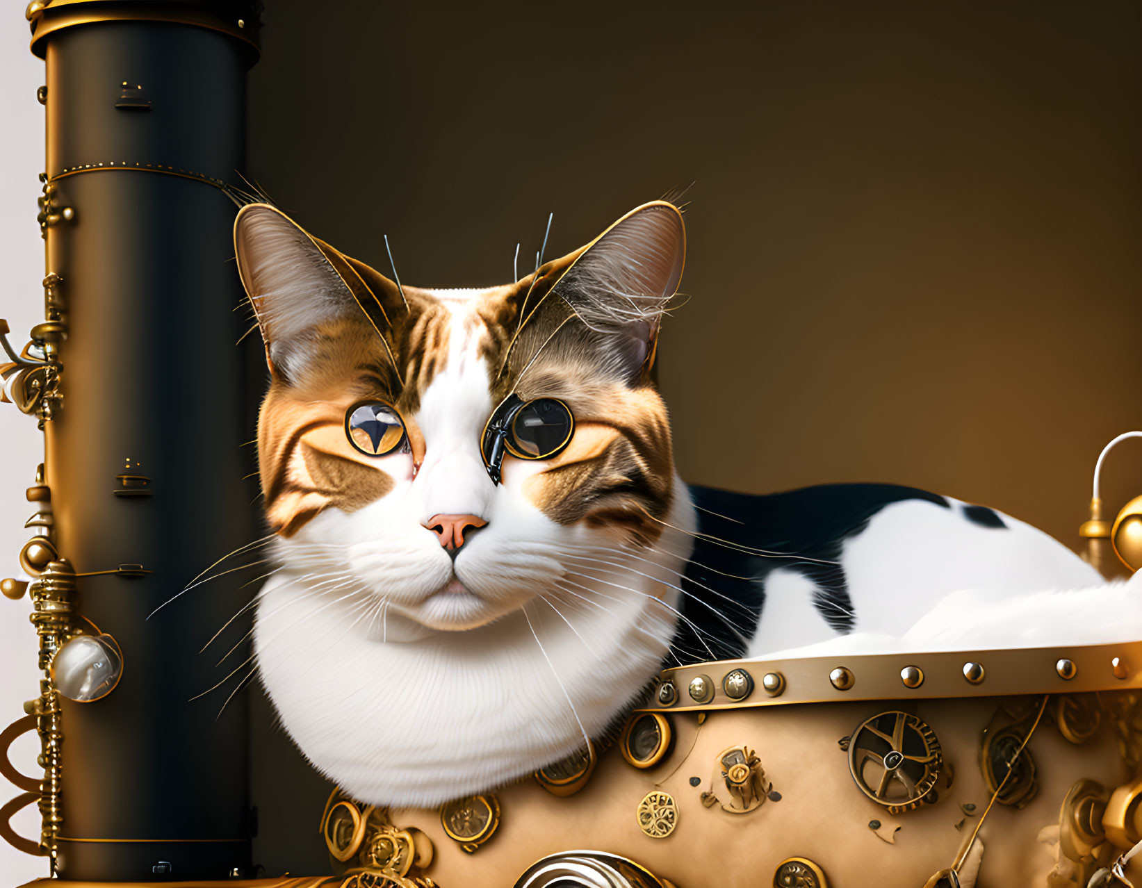 Steampunk-themed digital art: Cat with mechanical elements and brass textures on warm backdrop