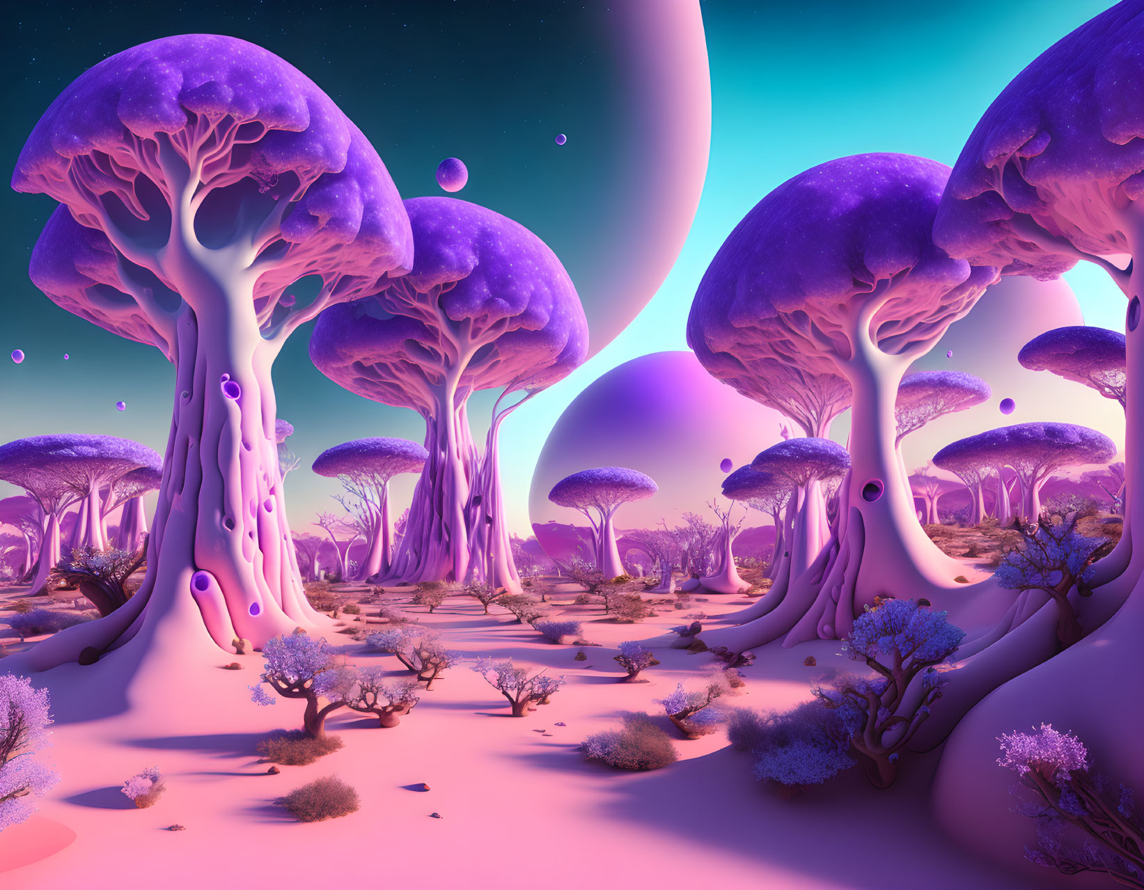 Colorful alien landscape with giant purple mushroom trees and pink sky.