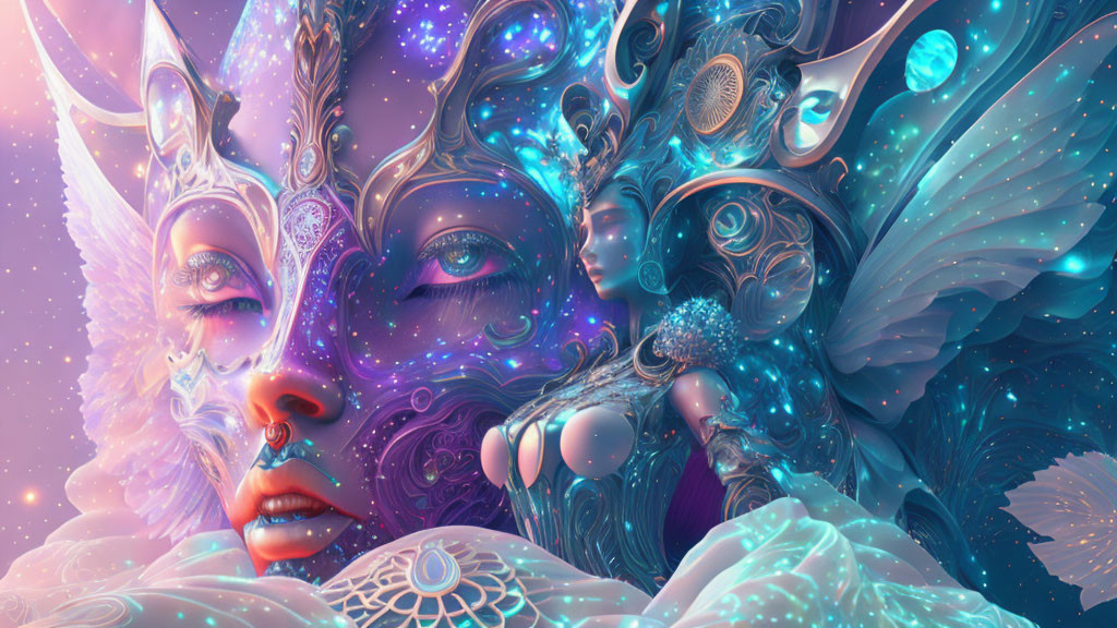 Surreal cosmic entity with multiple faces and ornate headdresses