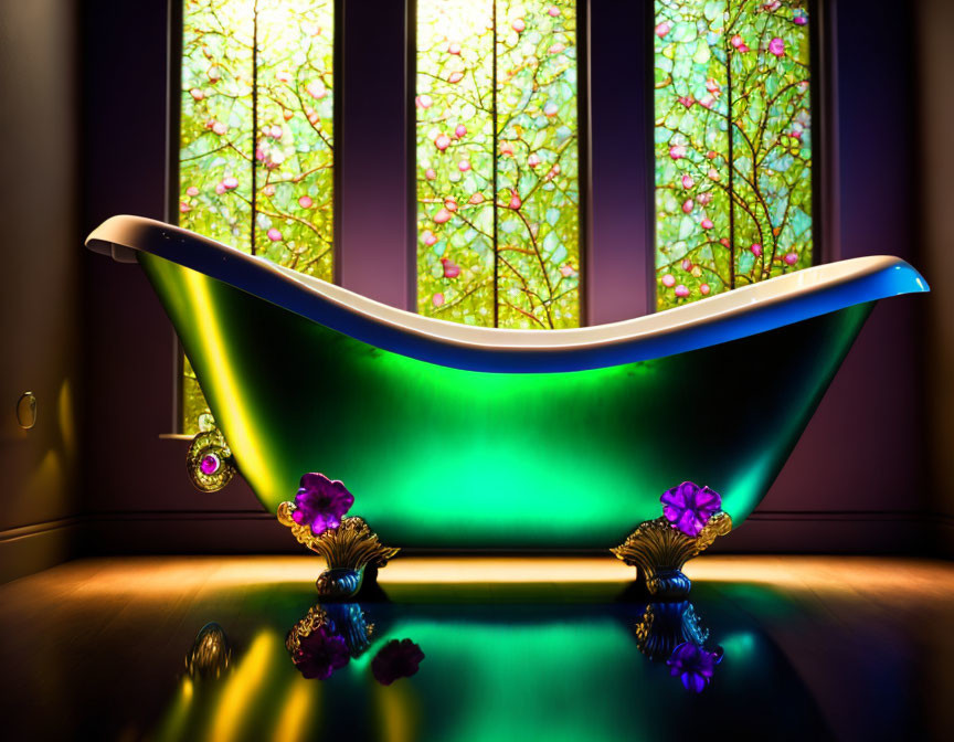 Luxurious Bathtub with Gold Feet and Stained Glass Window