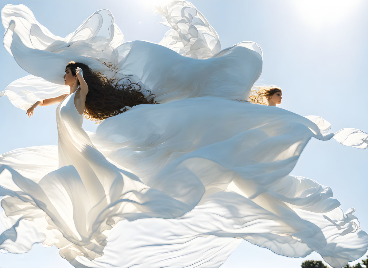Individuals in flowing white dresses against clear blue sky symbolize weightlessness and grace.