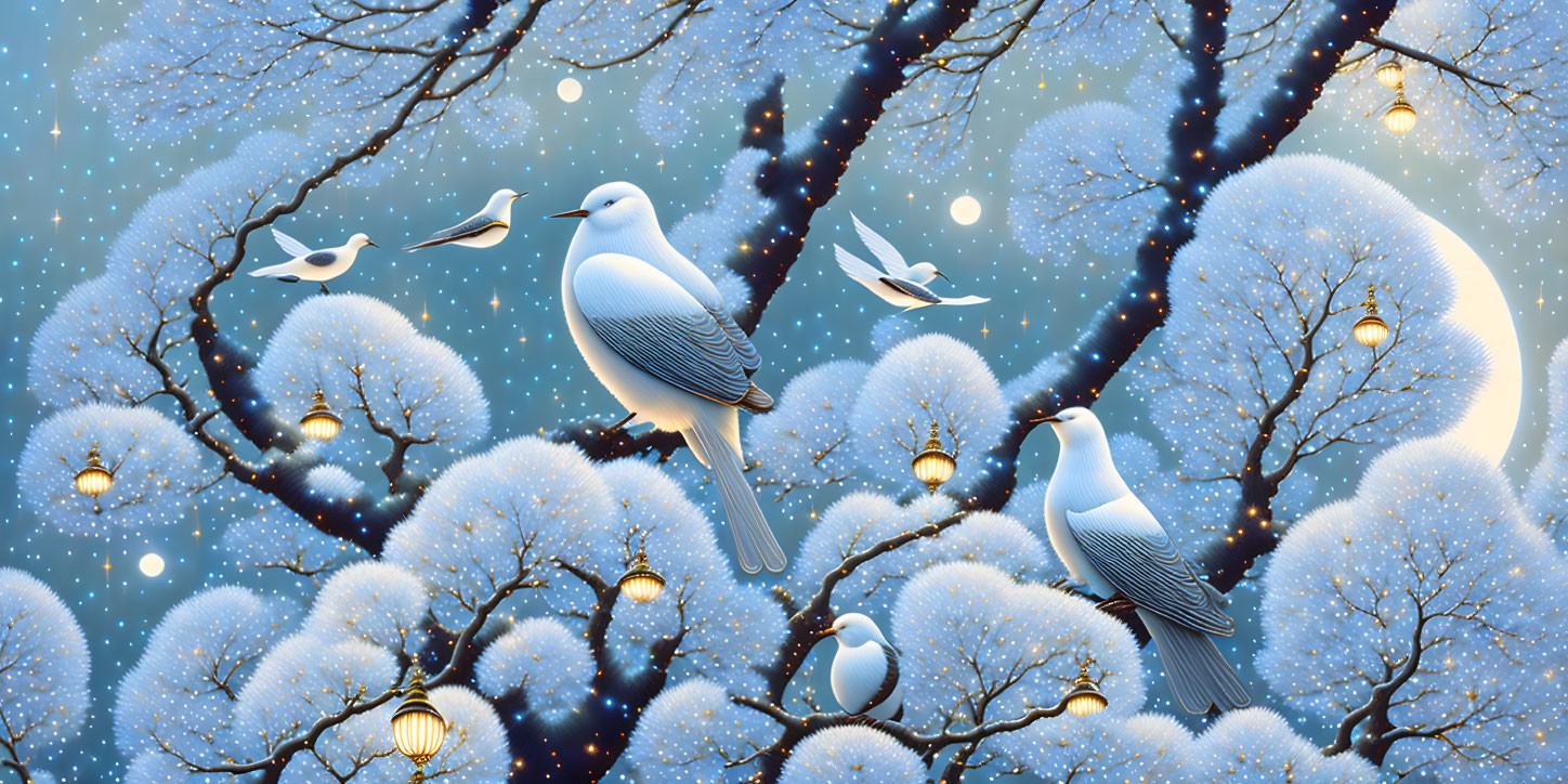 Blue birds on snowy branches with lanterns under starry sky