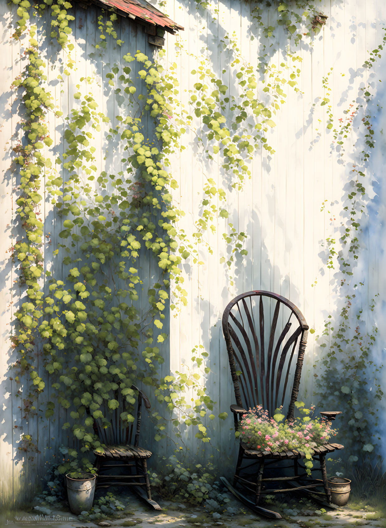 Rustic barn wall with wooden rocking chair and potted flowers