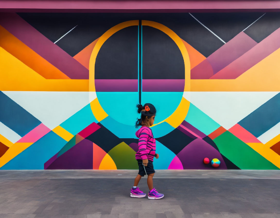 Child admiring colorful geometric mural with playful ball trio nearby