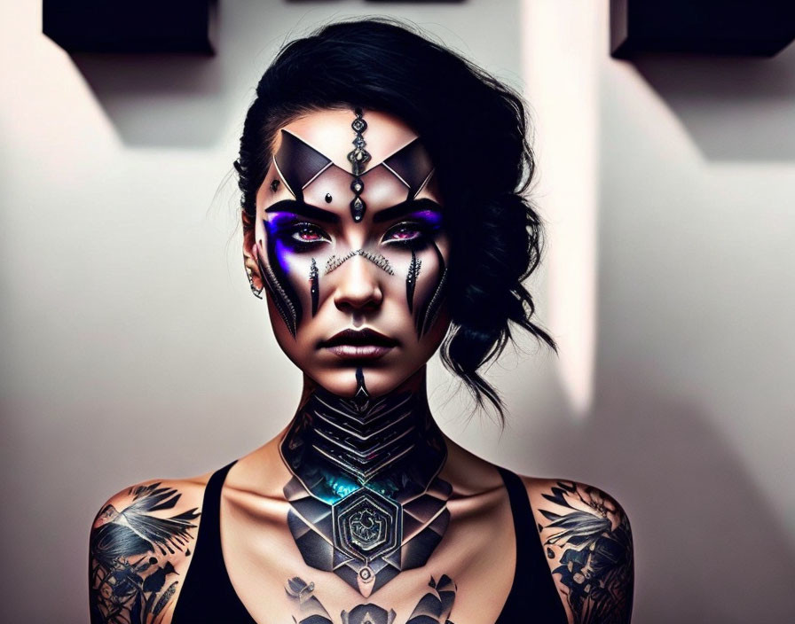 Elaborate Geometric Face and Body Tattoos on Woman with Purple Eye Makeup