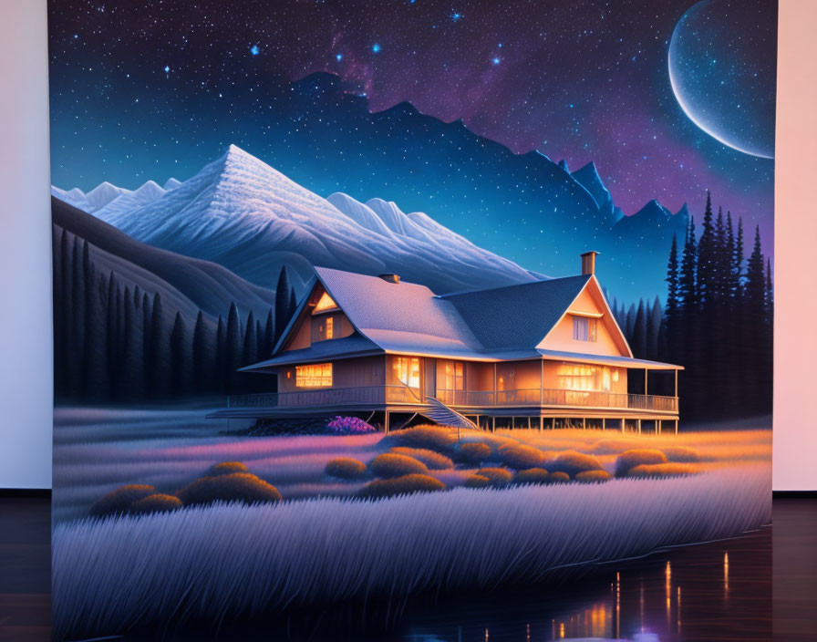 Vibrant painting of cozy house in serene mountain landscape