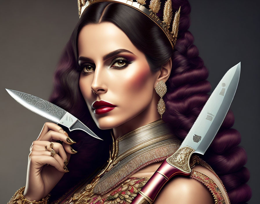 Illustrated woman with dramatic makeup and crowned braid wielding ornate knives