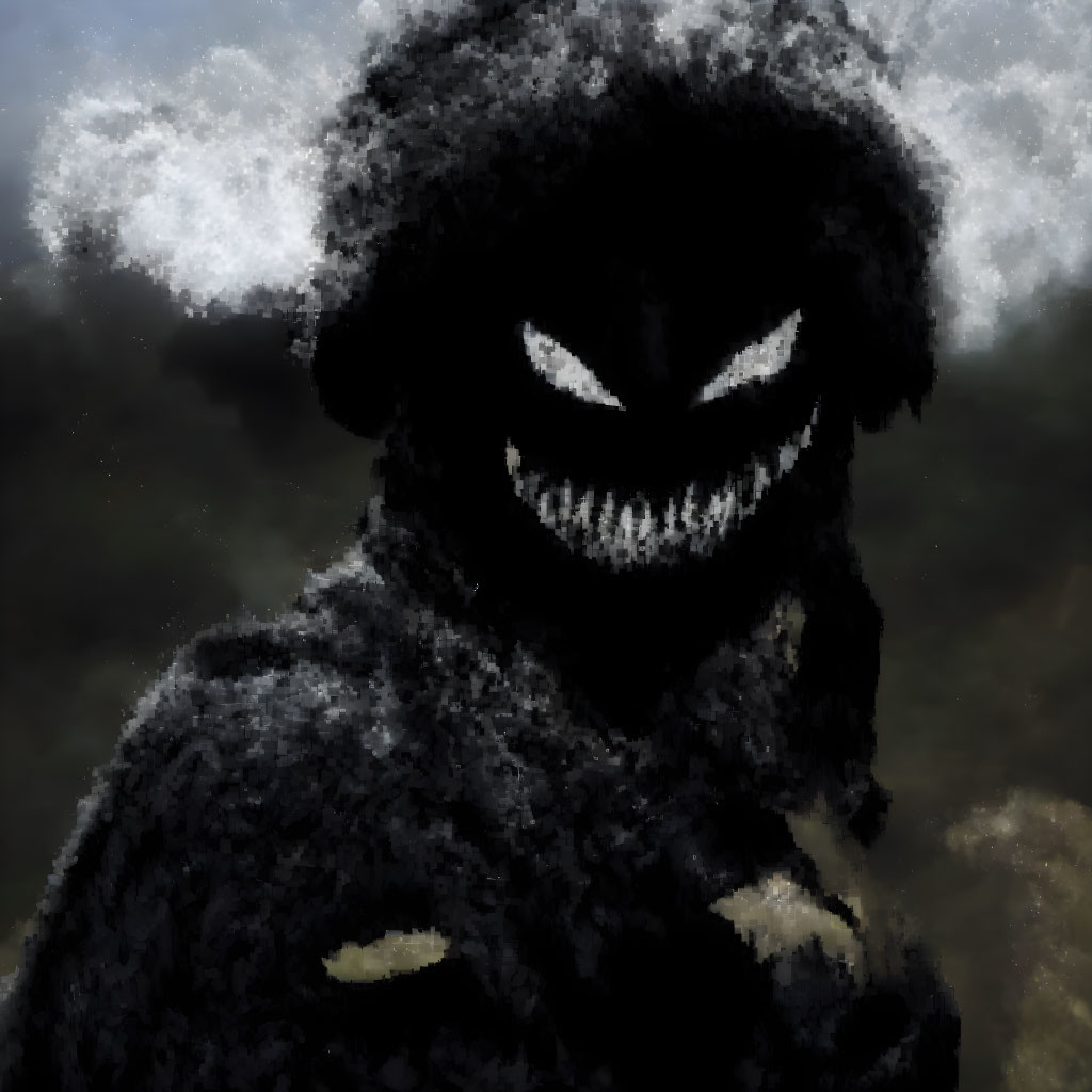 Sinister dark figure with glowing eyes and wide grin on cloudy background