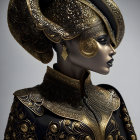 Digital Art Portrait of Woman in Profile with Ornate Gold-Patterned Attire
