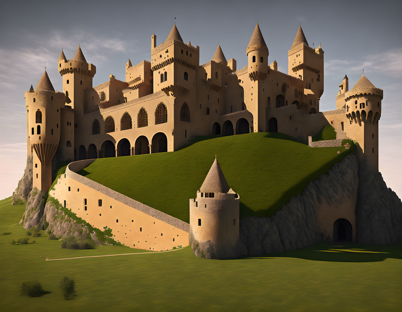 Majestic castle with towers and turrets on grassy hill under clear sky