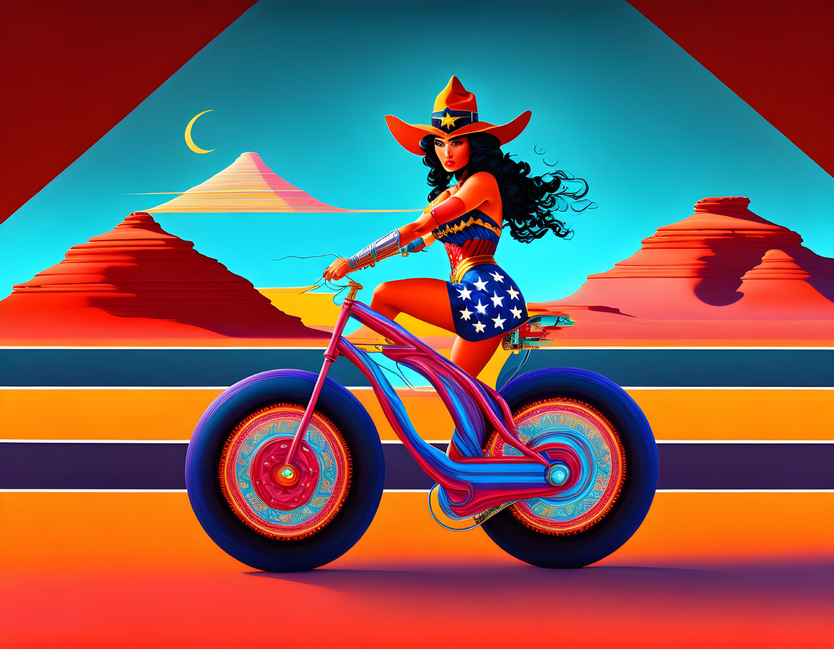 Wonder Woman Riding A Bike With A Hat On 