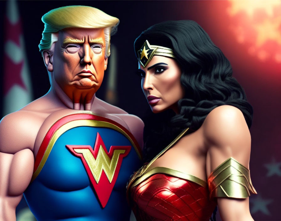 Stylized illustration of two characters: Wonder Woman and a political figure in superhero attire