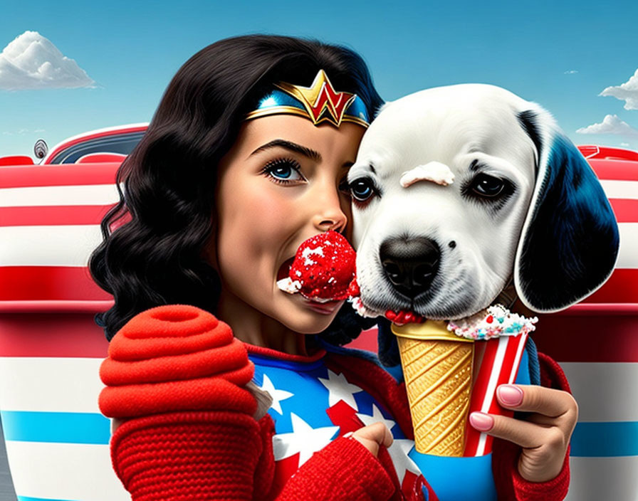 Female character in Wonder Woman costume shares ice cream with dog in front of American flag backdrop