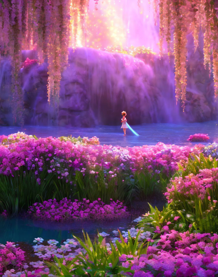 Character standing on water surrounded by vibrant flowers and waterfalls in a serene scene