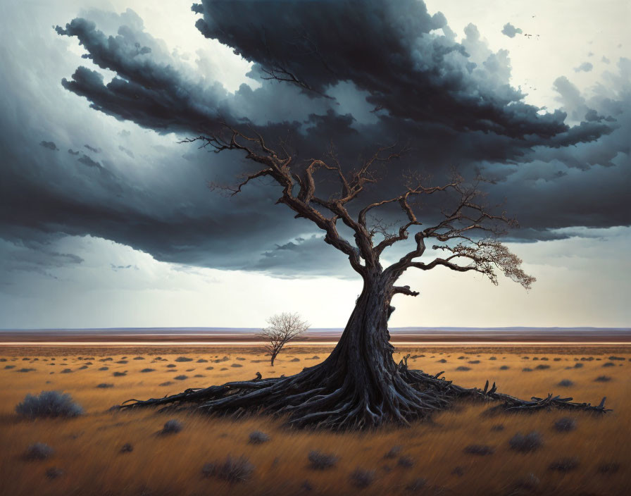 Large solitary tree under brooding sky on vast plain