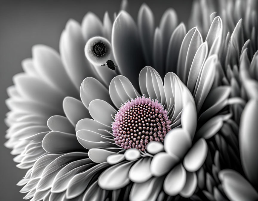 Monochrome image of two flowers, one focused with pink center, one blurred