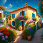 Charming cobblestone alley with terracotta-roofed houses and vibrant flowers