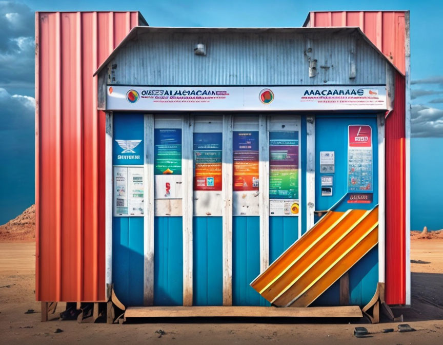 Vibrant beach changing rooms in red shipping container on desert landscape