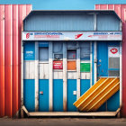 Vibrant beach changing rooms in red shipping container on desert landscape