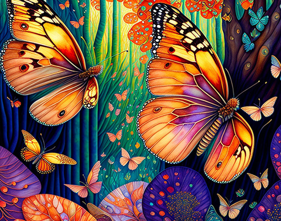 Colorful butterfly illustrations in vibrant floral setting