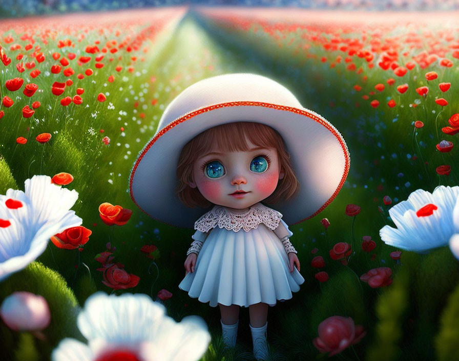 Young girl in white dress and hat among poppies and flowers