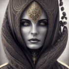 Monochrome portrait of person with intricate head attire and captivating eyes