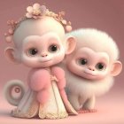 Stylized anthropomorphic monkeys with large eyes and soft fur, one in pink with a flower crown