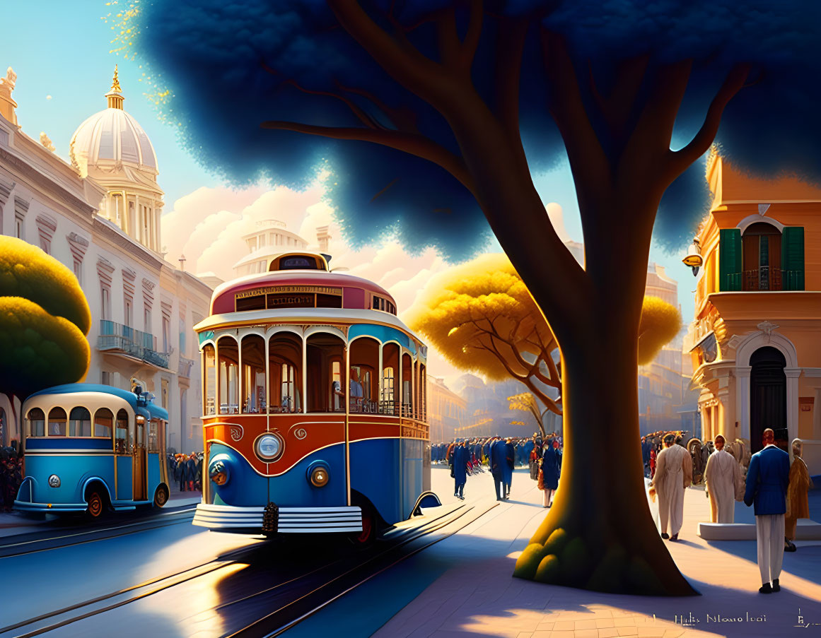 Vintage street scene at sunset with colorful trams and elegantly dressed crowds.