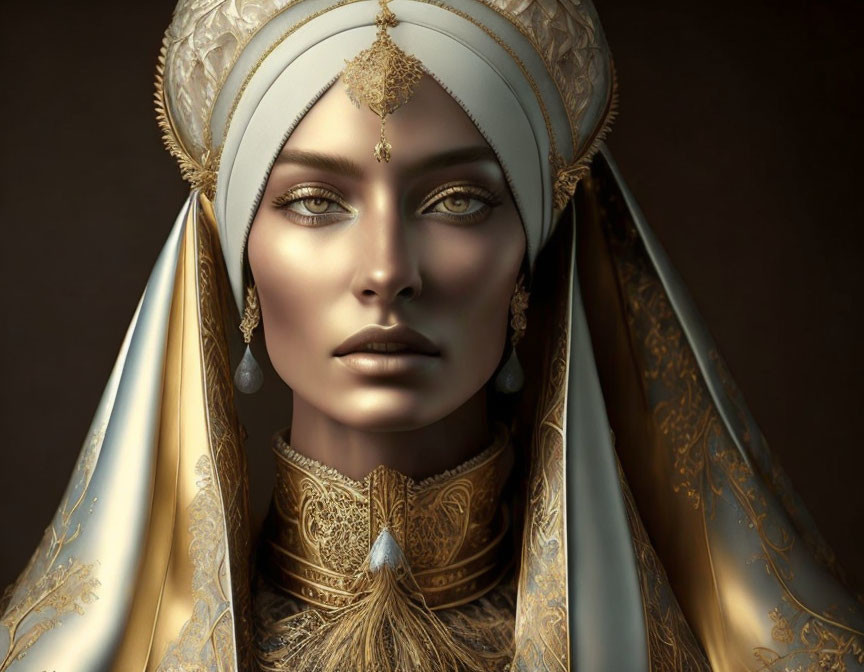 Digital Artwork: Woman in Ornate Gold and White Headdress