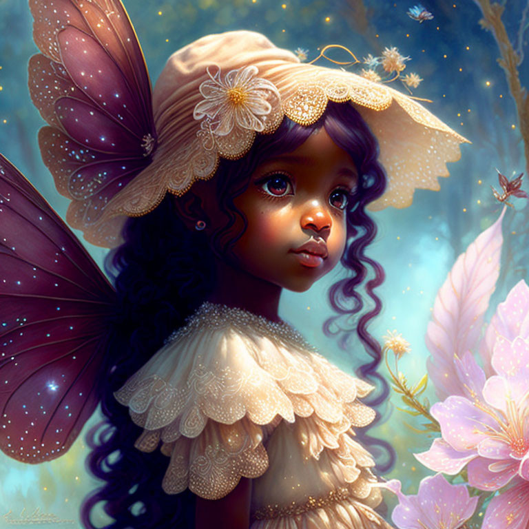 Young girl illustration with butterfly wings, big eyes, curly hair, lace dress, and flower hat.