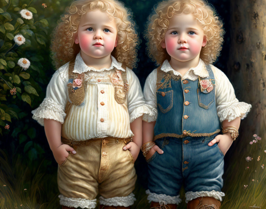 Two Curly Blond-Haired Children in Vintage Clothing Outdoors