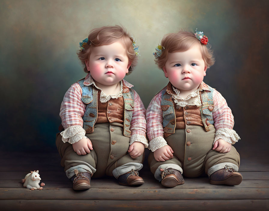 Two toddlers in vintage outfits with floral headbands and a white mouse.