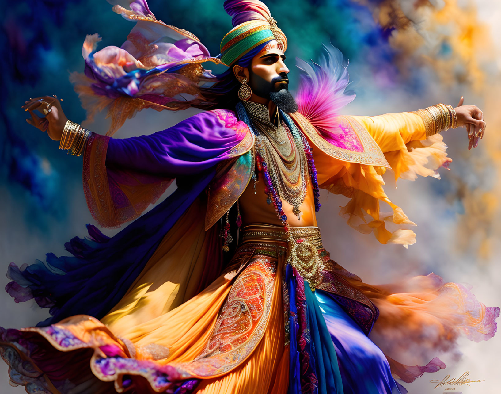 Colorfully dressed man dancing with swirling fabrics and jewelry on smoky background