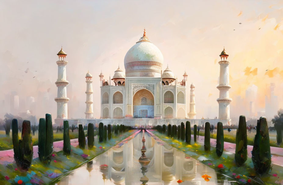 Scenic Taj Mahal view with reflection, colorful flowers, and birds in warm sky