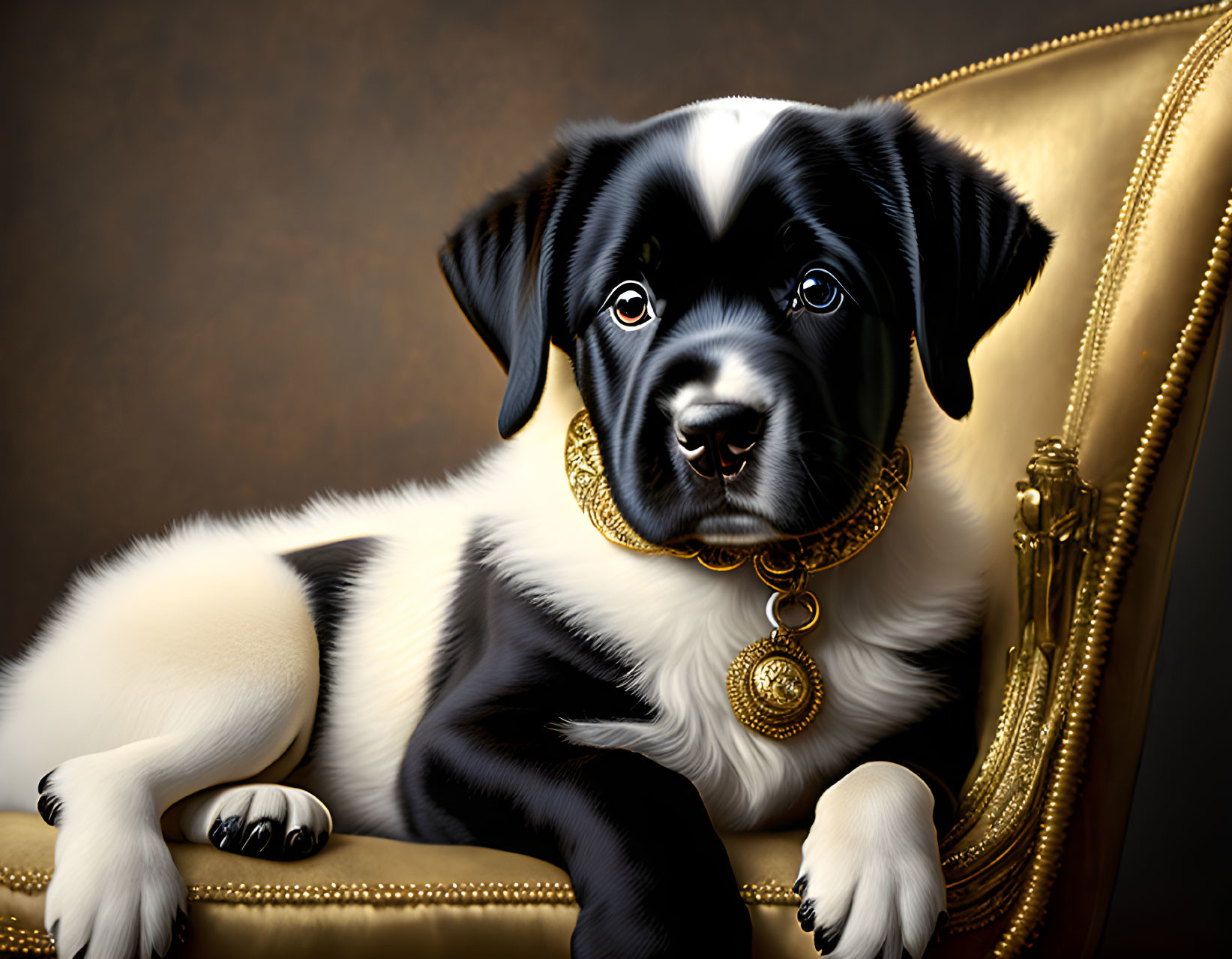 Regal black and white puppy on golden chair against dark backdrop