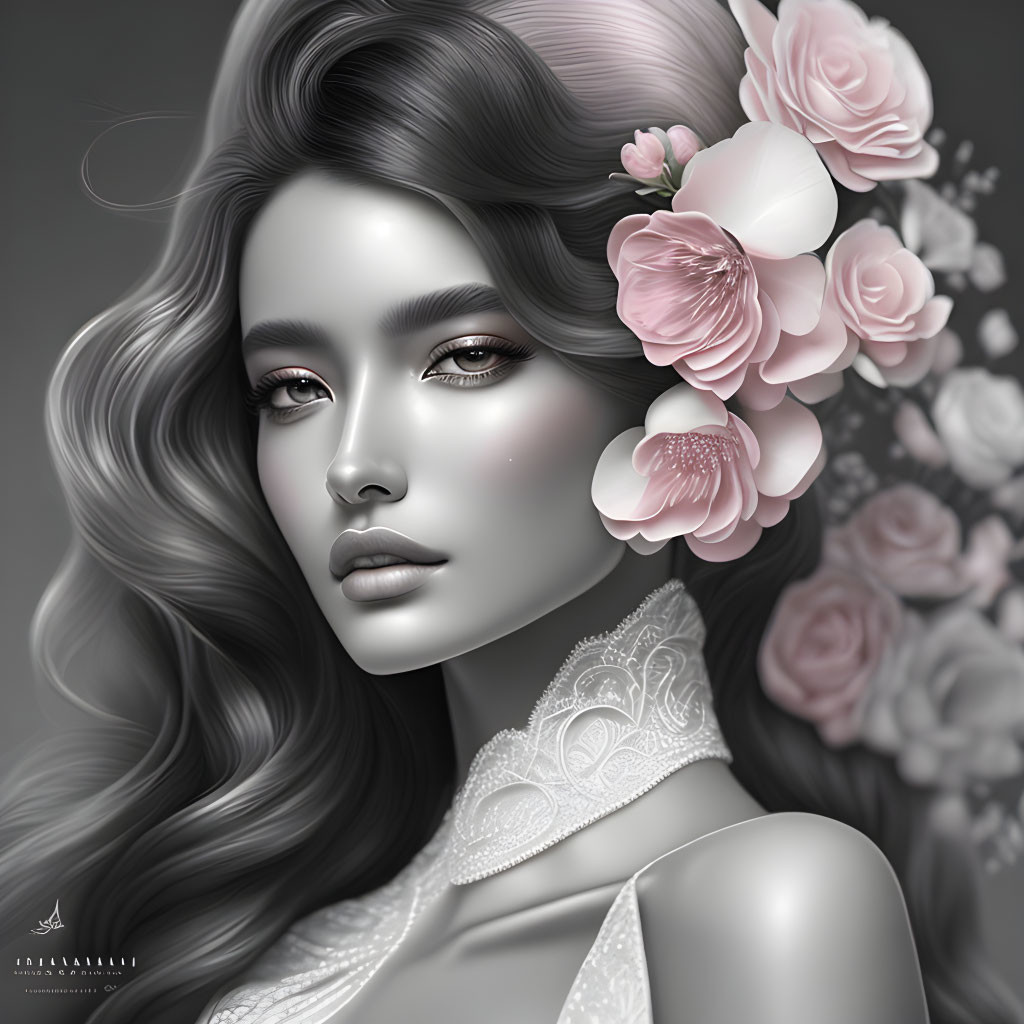 Monochromatic digital portrait of a woman with wavy hair and pink flower adornments