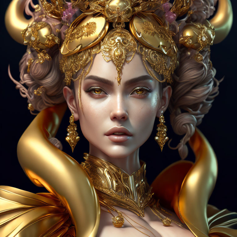 Detailed 3D portrait of female figure in golden ornate headdress and jewelry against dark background