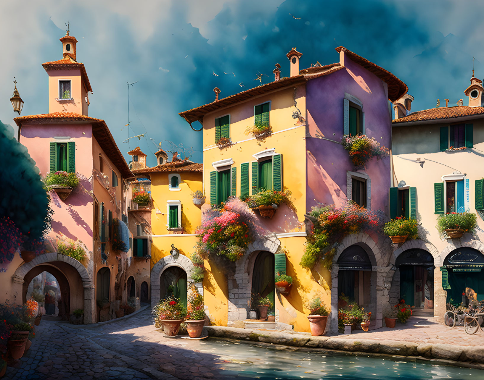 Picturesque European Street Scene with Colorful Houses and Flower Decorations