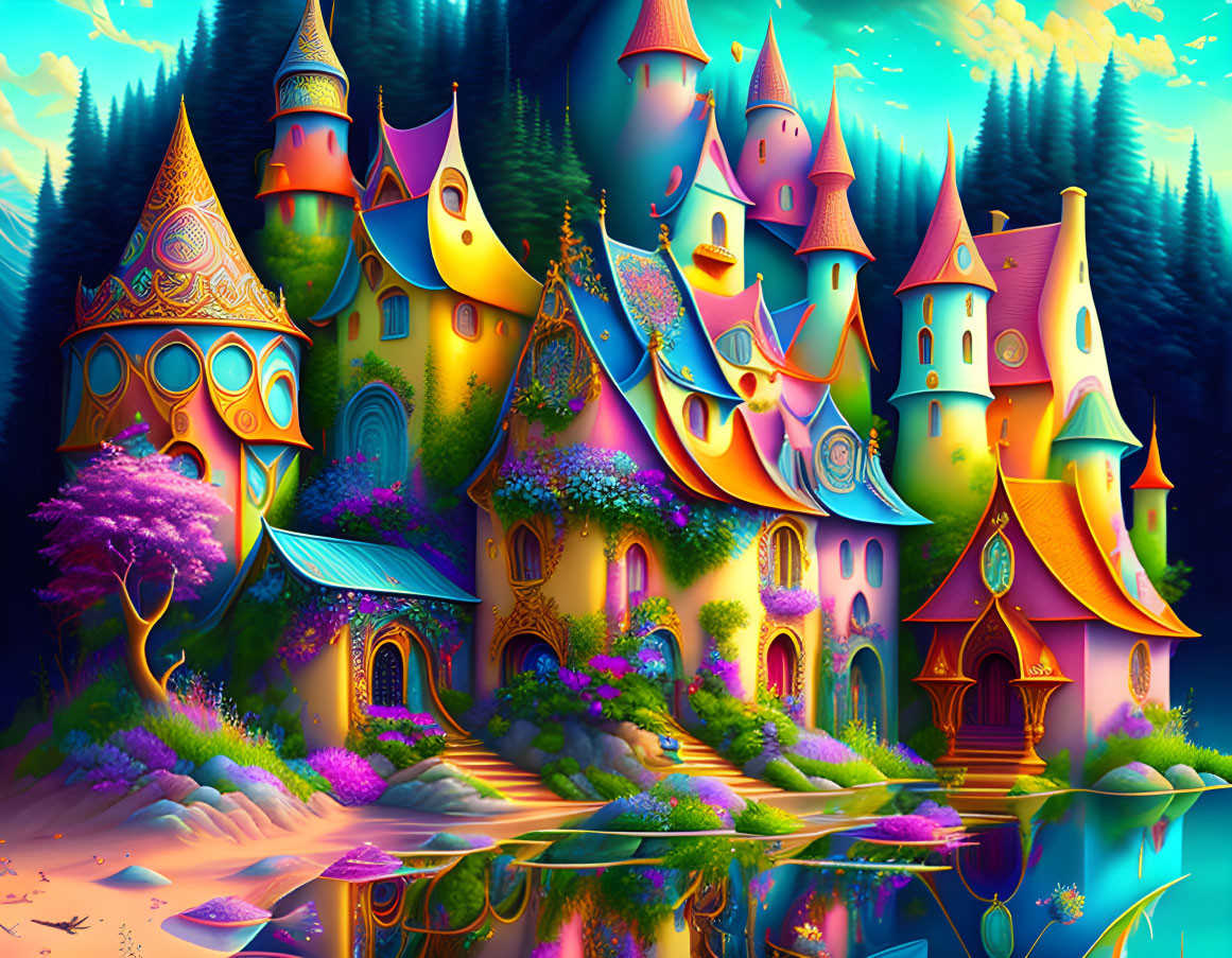 Colorful fantasy castle with vibrant towers reflected in serene water, surrounded by lush greenery