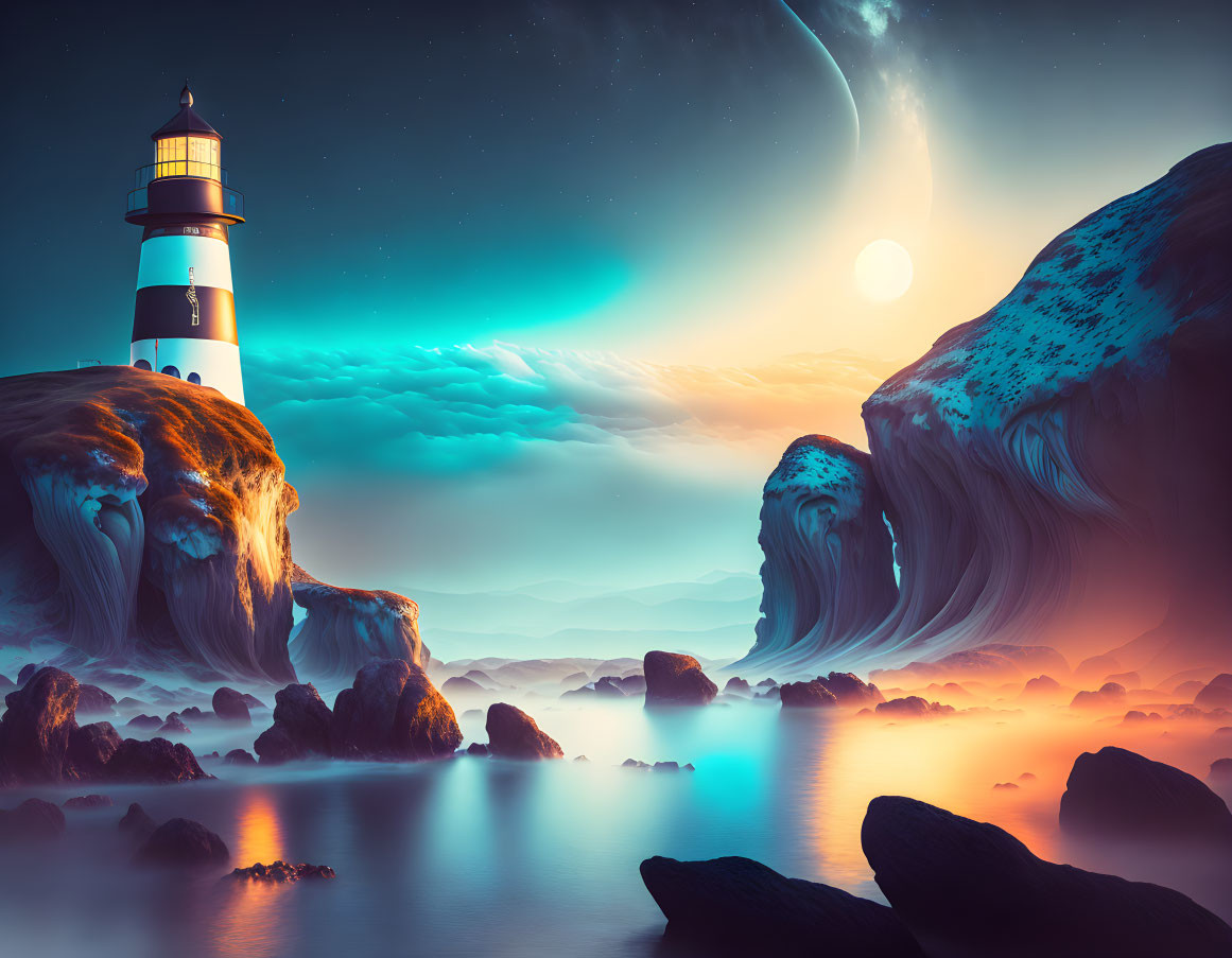 Surreal landscape with lighthouse, misty waters, cliffs, starry sky, moon,