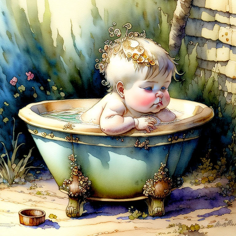 Chubby Baby Sitting in Ornate Bathtub Outdoors