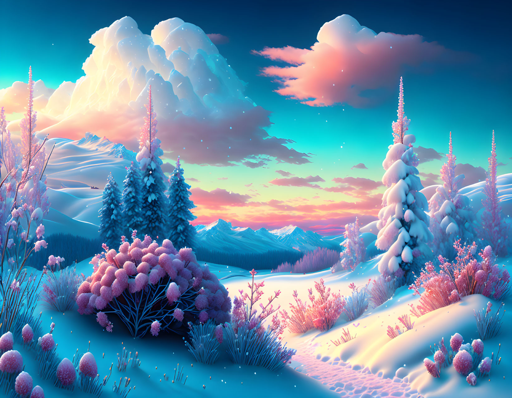 Snow-covered trees, sunset sky, and mountain range in winter landscape