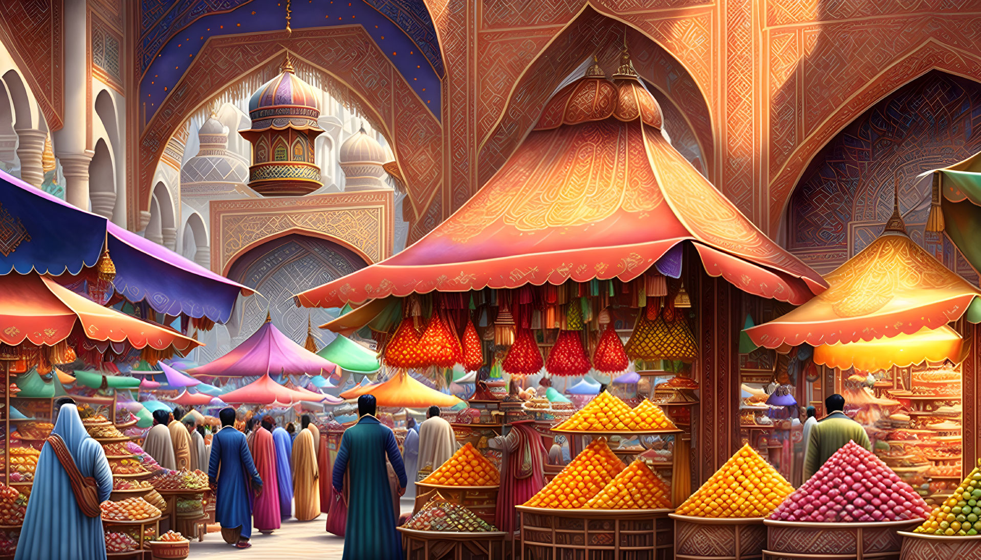 Vibrant Oriental market scene with colorful stalls and traditional attire