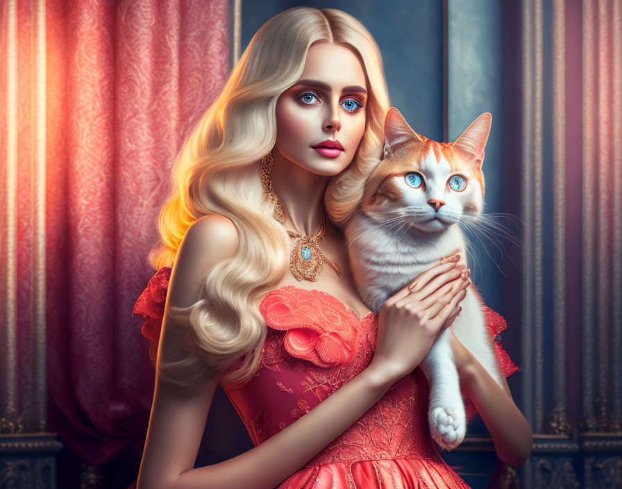 Blonde woman in orange dress holds cat in elegant setting
