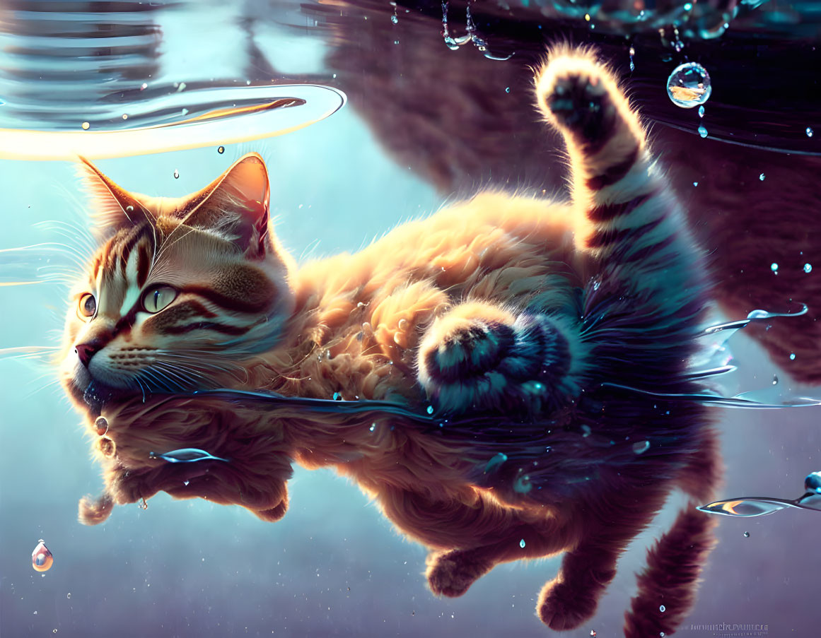 Orange Tabby Cat Artwork: Paw touching water, creating ripples & droplets